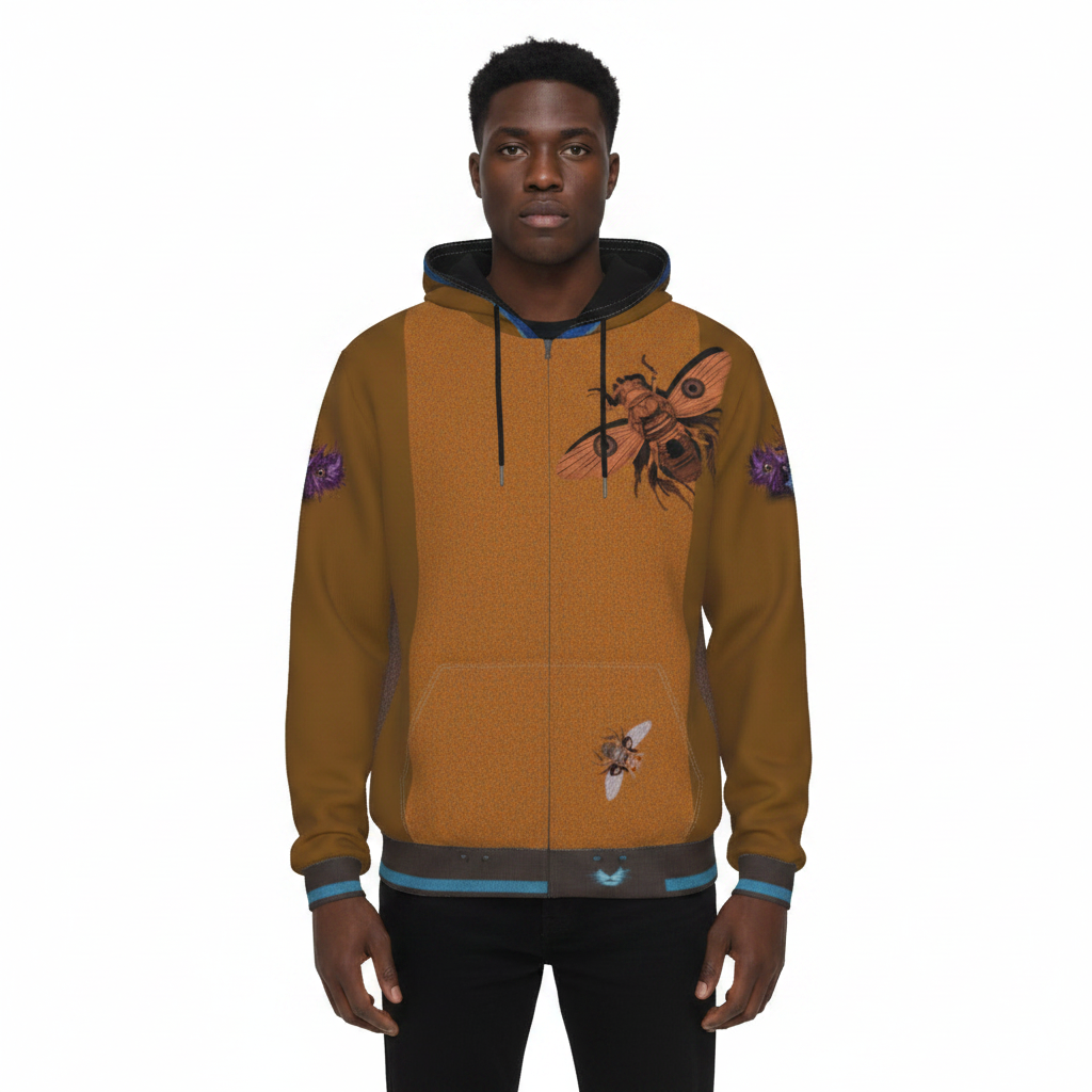 A man wearing a zip-up hoodie with a textured mustard-brown body, dark navy hood and cuffs, and graphic prints of bees on the chest and sleeve. The hoodie features a front pocket and ribbed hem and cuffs.