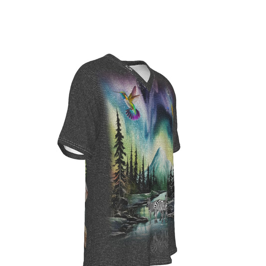 A dark gray V-neck t-shirt featuring a vibrant, full-surface graphic print of a natural landscape with a hummingbird, pine trees, a mountain, and a zebra under a colorful night sky.