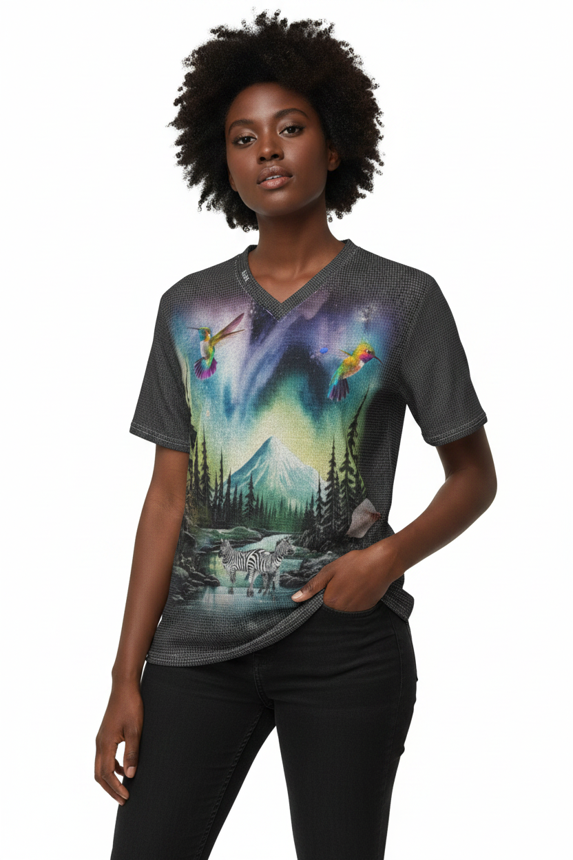 A dark gray V-neck t-shirt featuring a vibrant, full-surface graphic print of a natural landscape with a hummingbird, pine trees, a mountain, and a zebra under a colorful night sky.
