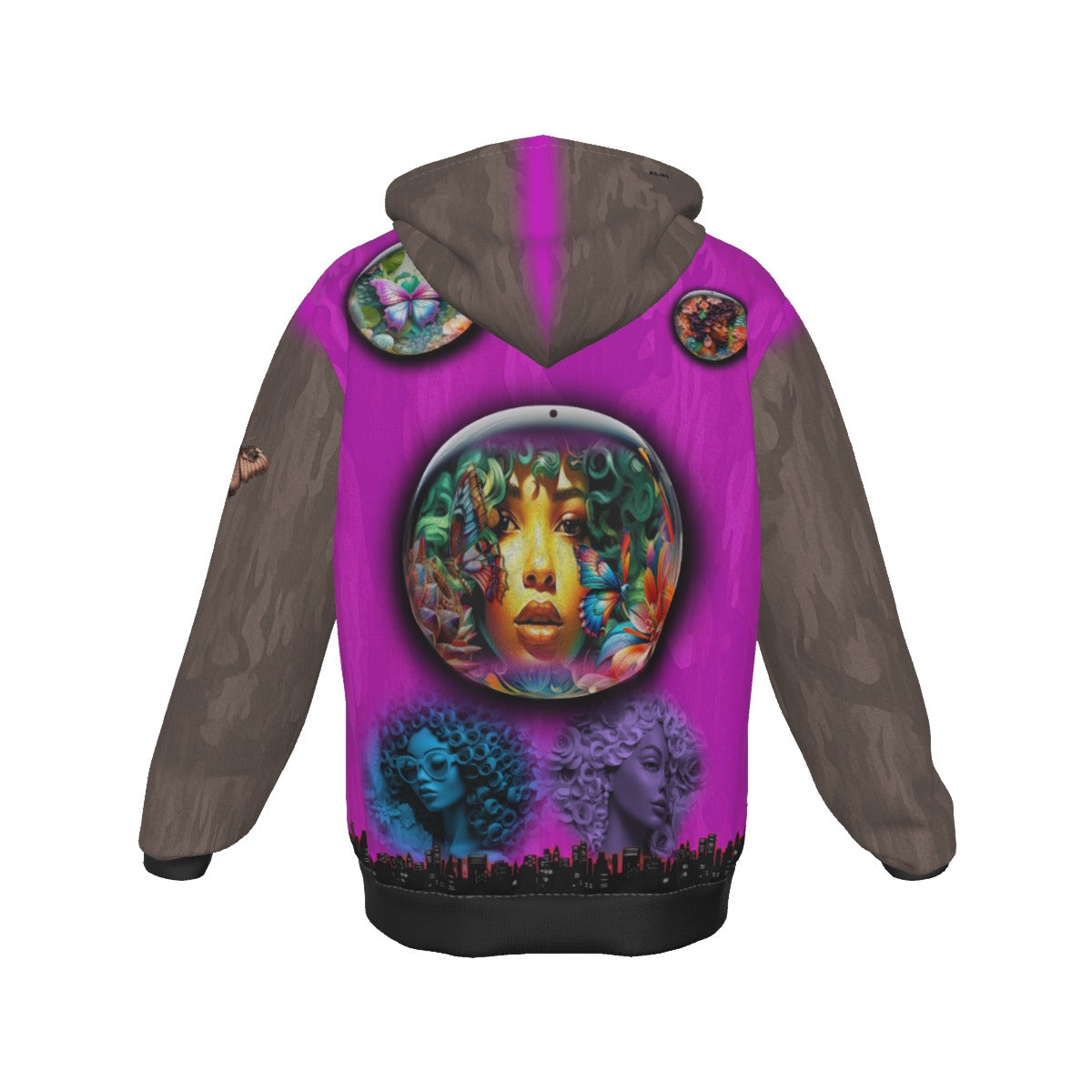 A long-sleeve hoodie shown from the back, featuring a vibrant magenta-purple body with dark brown sleeves and hood, decorated with surreal psychedelic graphics including a large circular face portrait, smaller face silhouettes, and circular patches on the shoulders.