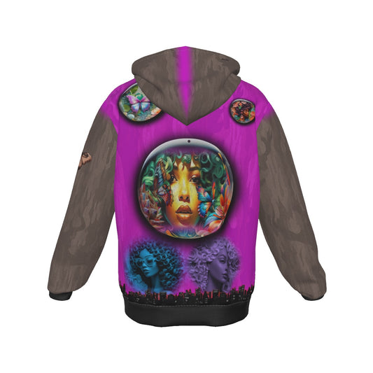 A long-sleeve hoodie shown from the back, featuring a vibrant magenta-purple body with dark brown sleeves and hood, decorated with surreal psychedelic graphics including a large circular face portrait, smaller face silhouettes, and circular patches on the shoulders.