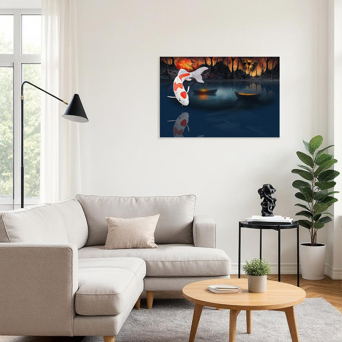 Living room with a sofa, coffee table, and wall art depicting a fish in a pond.