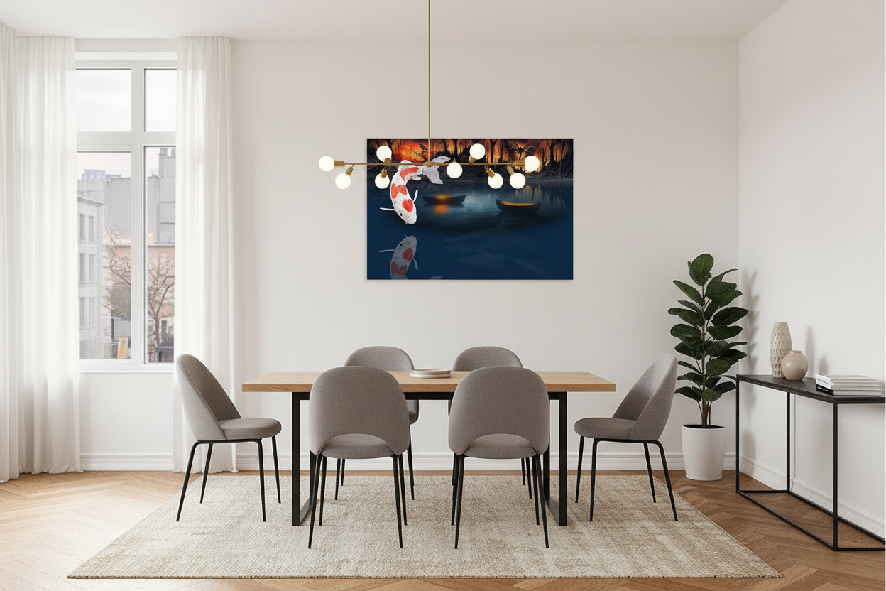 A framed wall art print depicting a dark blue koi fish pond scene hangs above a wooden dining table with six gray chairs in a bright, modern dining room.