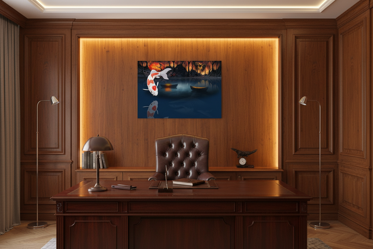 A framed wall art print depicting a koi fish and boats in a moody lake scene, displayed in a wood-paneled office above a dark wooden desk with a leather chair.