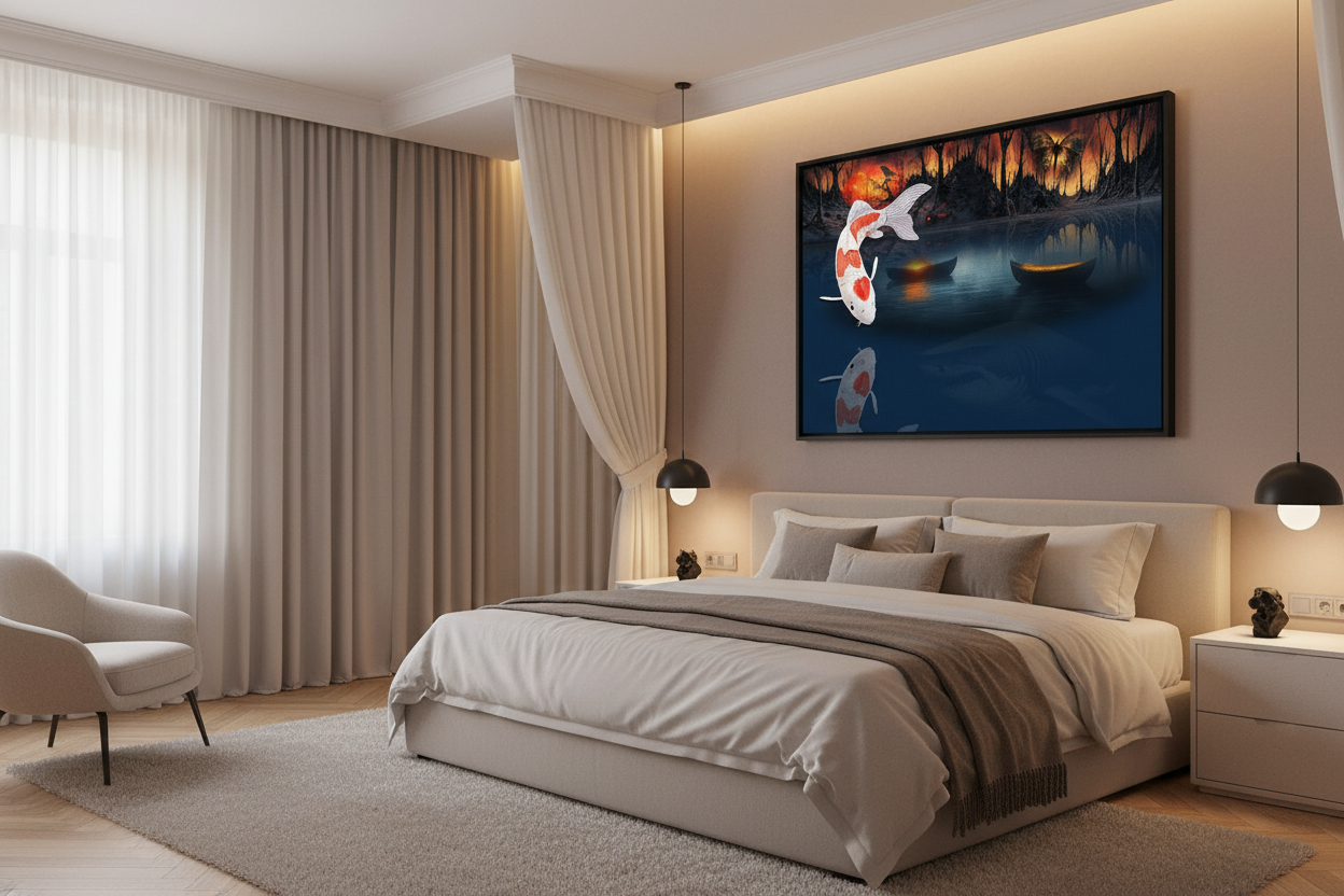 A modern bedroom with a large framed wall art piece above the bed. The artwork depicts a koi fish in a dark blue lake with warm orange and yellow highlights.