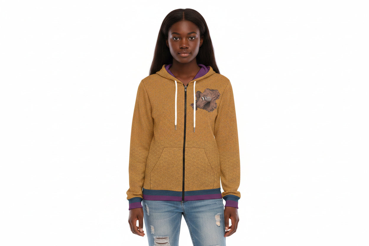 Woman wearing a mustard yellow hoodie with purple accents and a graphic on a white background