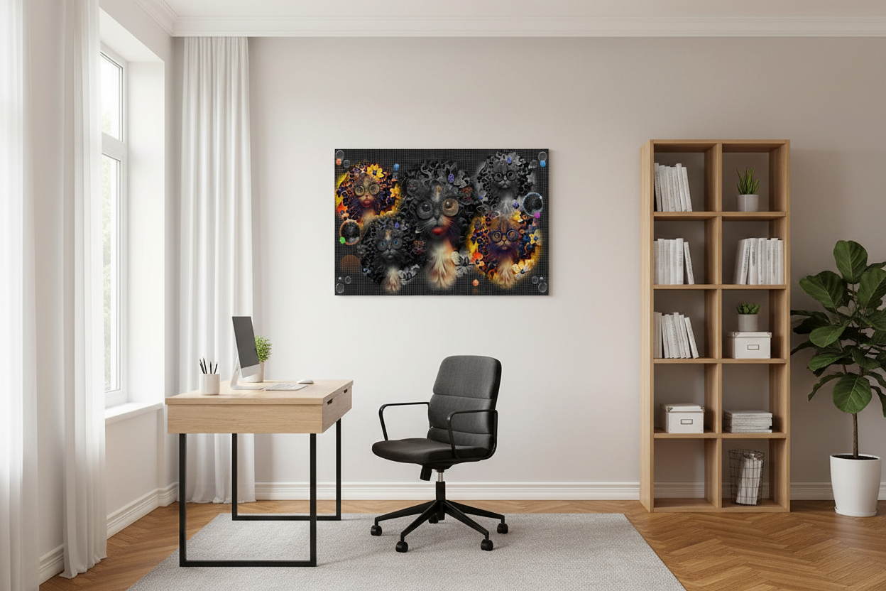 A framed abstract wall art print hangs on a beige wall in a modern home office setup, featuring a desk, black office chair, wooden shelving, and a potted plant.