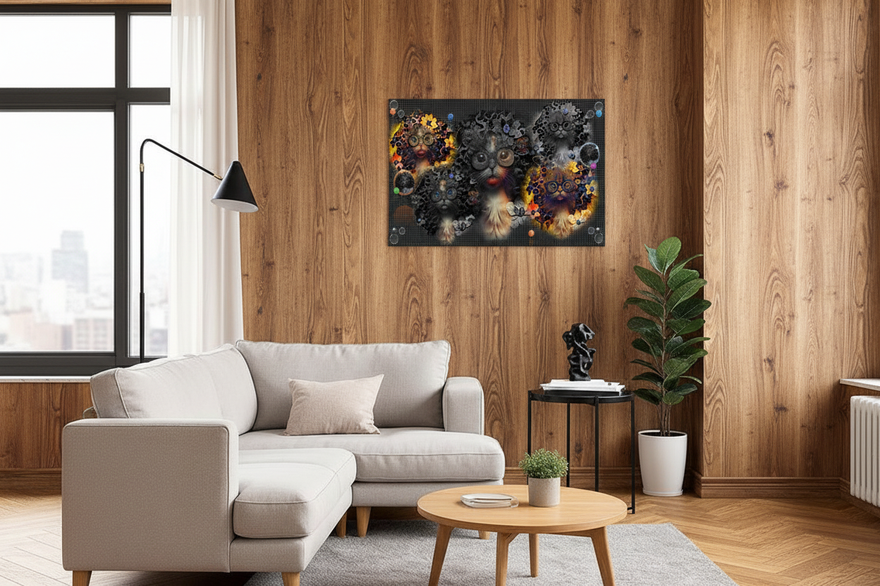 A framed abstract wall art print featuring a black background with colorful floral and circular patterns, displayed in a modern living room setting with a light beige sectional sofa, wood-paneled walls, and a potted plant.