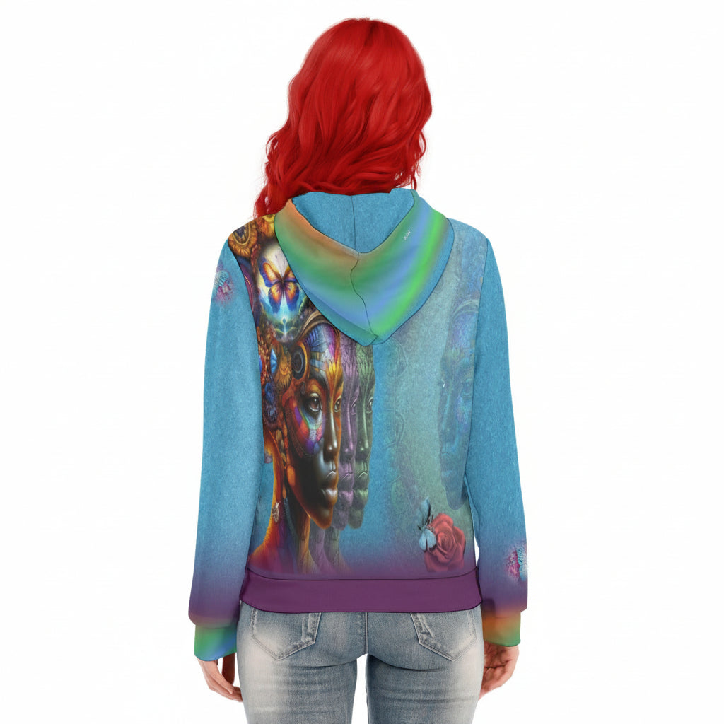 Person wearing a colorful hoodie with a horse design on the back, standing against a white background.