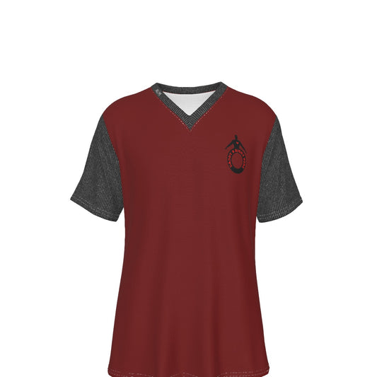 A short-sleeve V-neck athletic shirt in maroon with dark gray heathered sleeves and collar trim, featuring a small black circular logo on the left chest, shown on a plain white background.