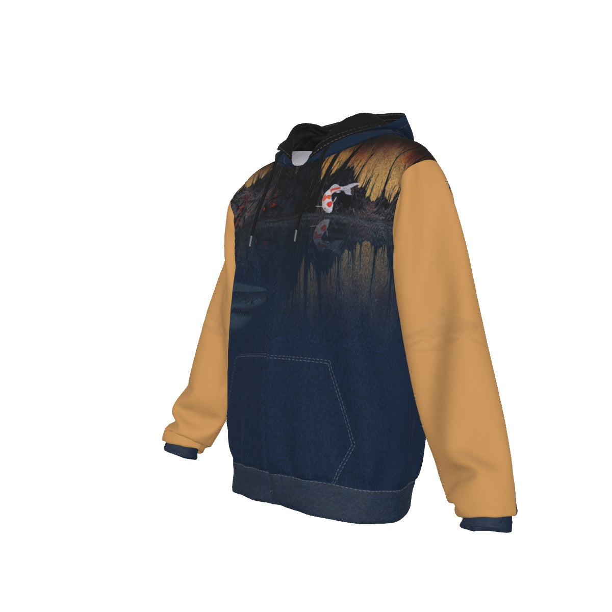 A pullover hoodie with a dark blue and black distressed graphic print on the front and a solid mustard yellow color-blocked sleeve and shoulder design, shown on a plain white background.