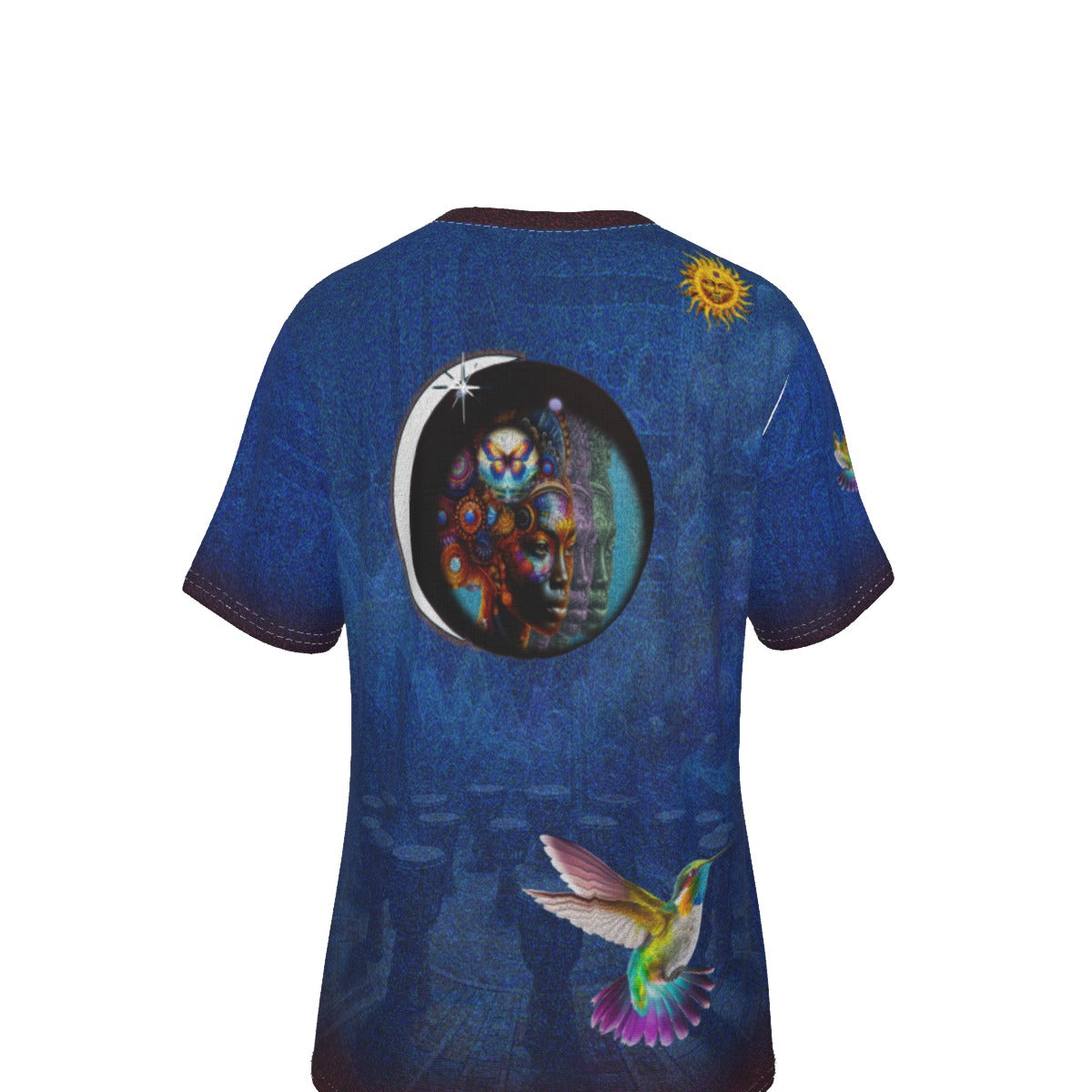 A short-sleeve crewneck t-shirt with a dark blue textured background, featuring a large circular graphic of a skull in a mask on the back, a yellow sun on the upper right, and a colorful hummingbird on the lower right.