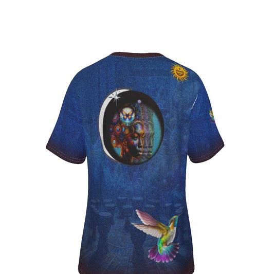 Head of State Multi-colored  Print V-Neck T-Shirt  A short-sleeve crewneck t-shirt with a dark blue textured background, featuring a large circular graphic of a skull in a mask on the back, a yellow sun on the upper right, and a colorful hummingbird on the lower right.