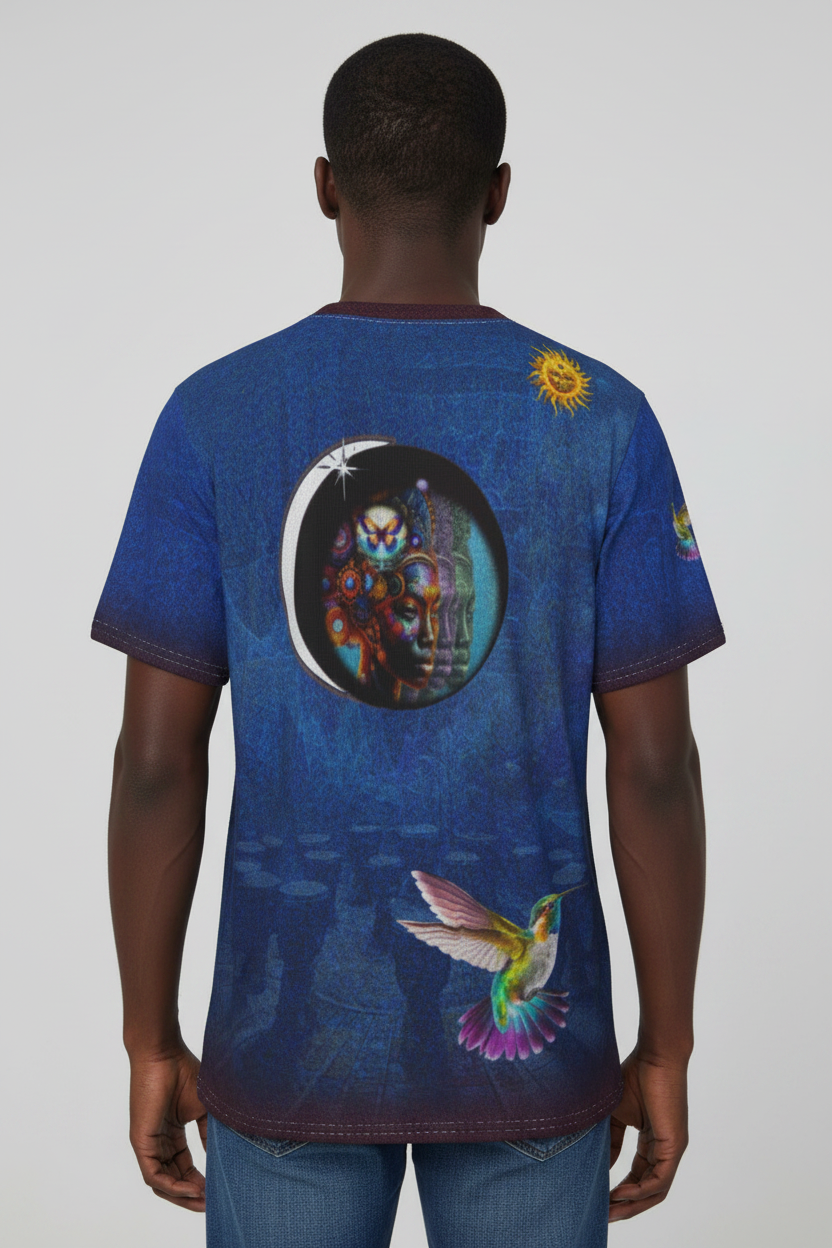 A short-sleeve crewneck t-shirt with a dark blue textured background, featuring a large circular graphic of a skull in a mask on the back, a yellow sun on the upper right, and a colorful hummingbird on the lower right.