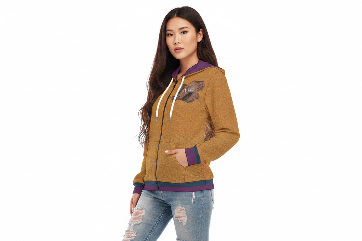 A woman modeling a zip-up hoodie with a mustard yellow body, purple hood lining and cuffs, white drawstrings, and a graphic print on the chest, paired with distressed blue jeans against a plain white background.