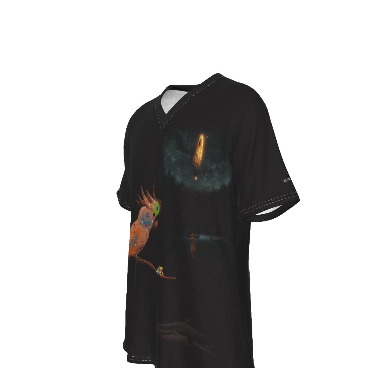 A black V-neck short-sleeve t-shirt with a detailed graphic print featuring a colorful cockatoo and a glowing celestial nebula, shown on a plain white background.