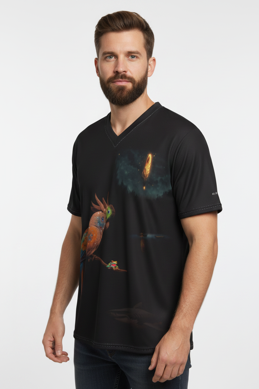 A man wearing a black V-neck t-shirt with a detailed graphic print of a colorful bird and a glowing celestial body, set against a plain light gray background.