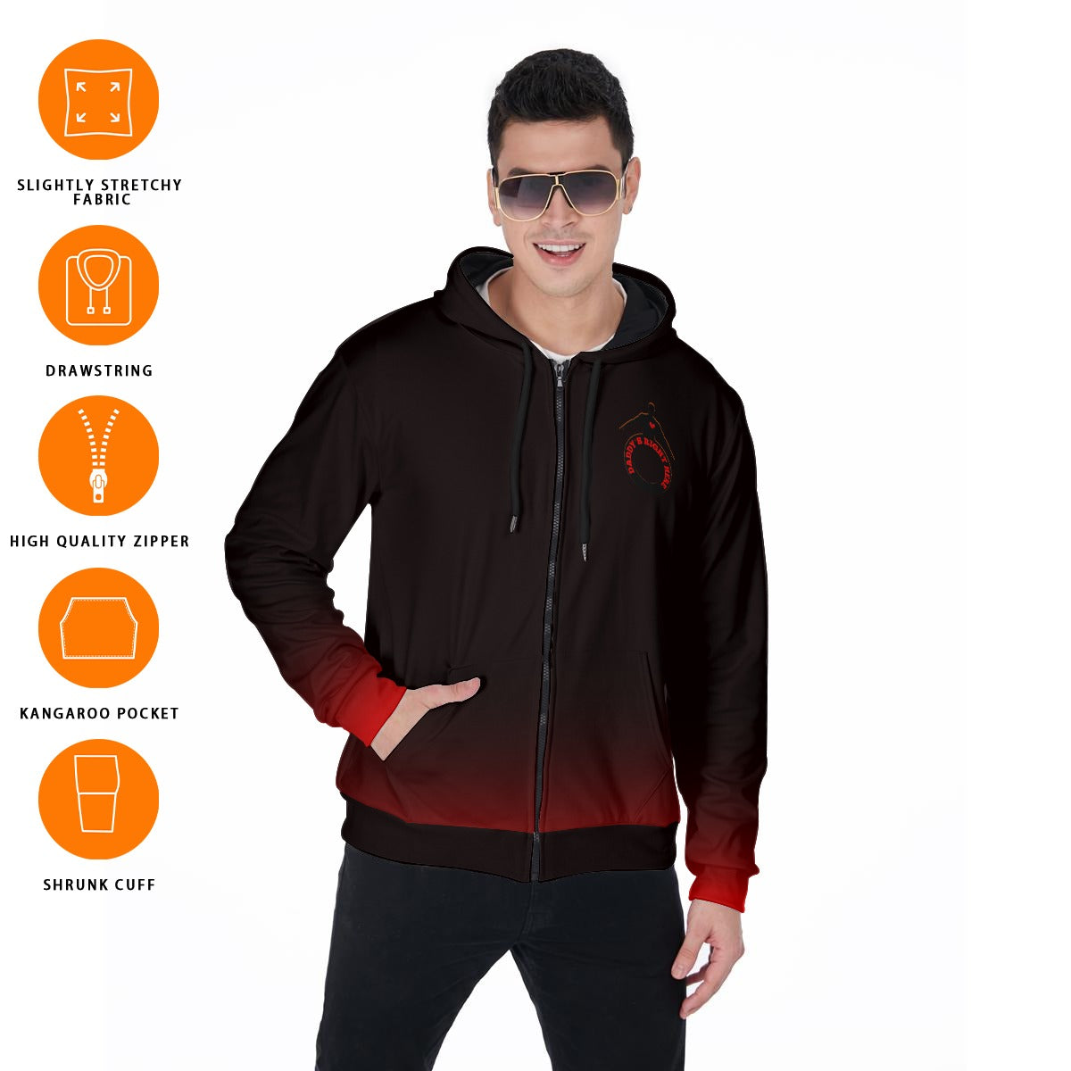 A man wearing a black and red gradient zip-up hoodie with a small red graphic on the left chest, shown against a white background with feature icons on the left side.