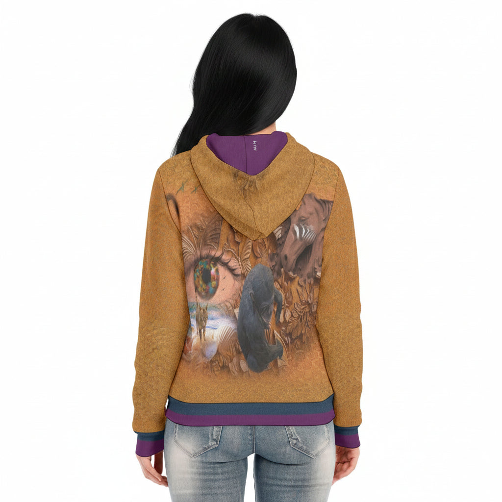 Person wearing a mustard yellow hoodie with a graphic design on the back, standing against a white background.
