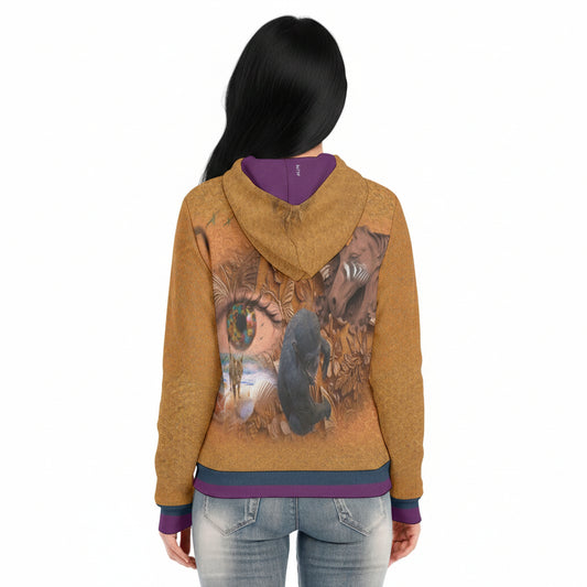 Person wearing a mustard yellow hoodie with a graphic design on the back, standing against a white background.
