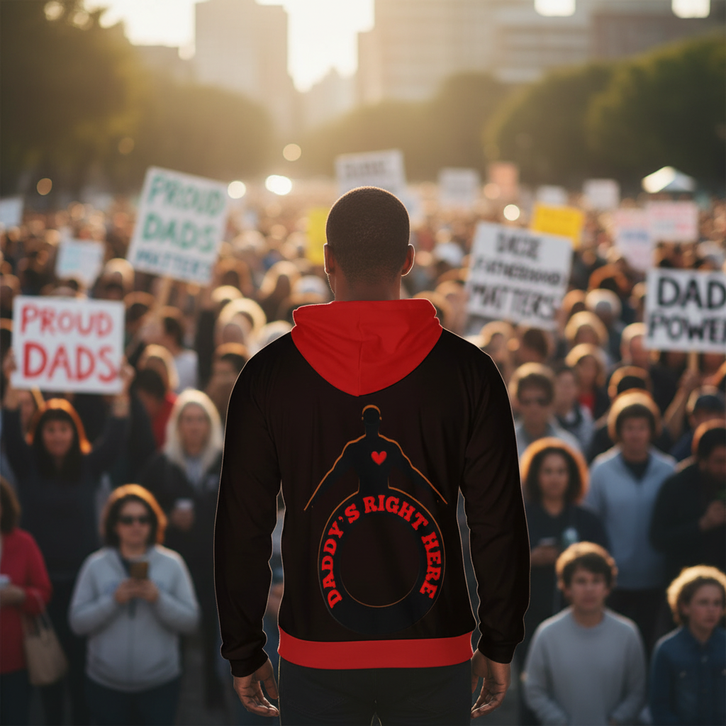 A man viewed from the back wearing a black hoodie with a red hood and red graphic print on the back featuring a silhouette and the text 'DADDY'S RIGHT HERE'.