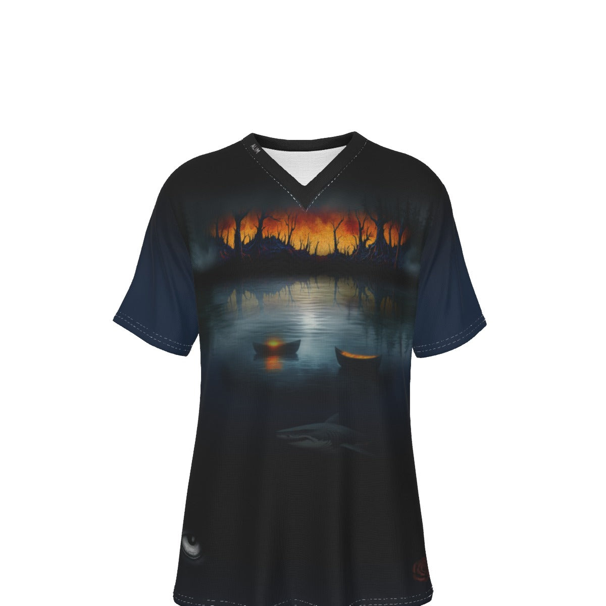 A short-sleeve V-neck t-shirt with a dark navy blue base, featuring a full-surface graphic print of a calm lake at sunset with silhouetted trees, two small boats, and a shark in the water.