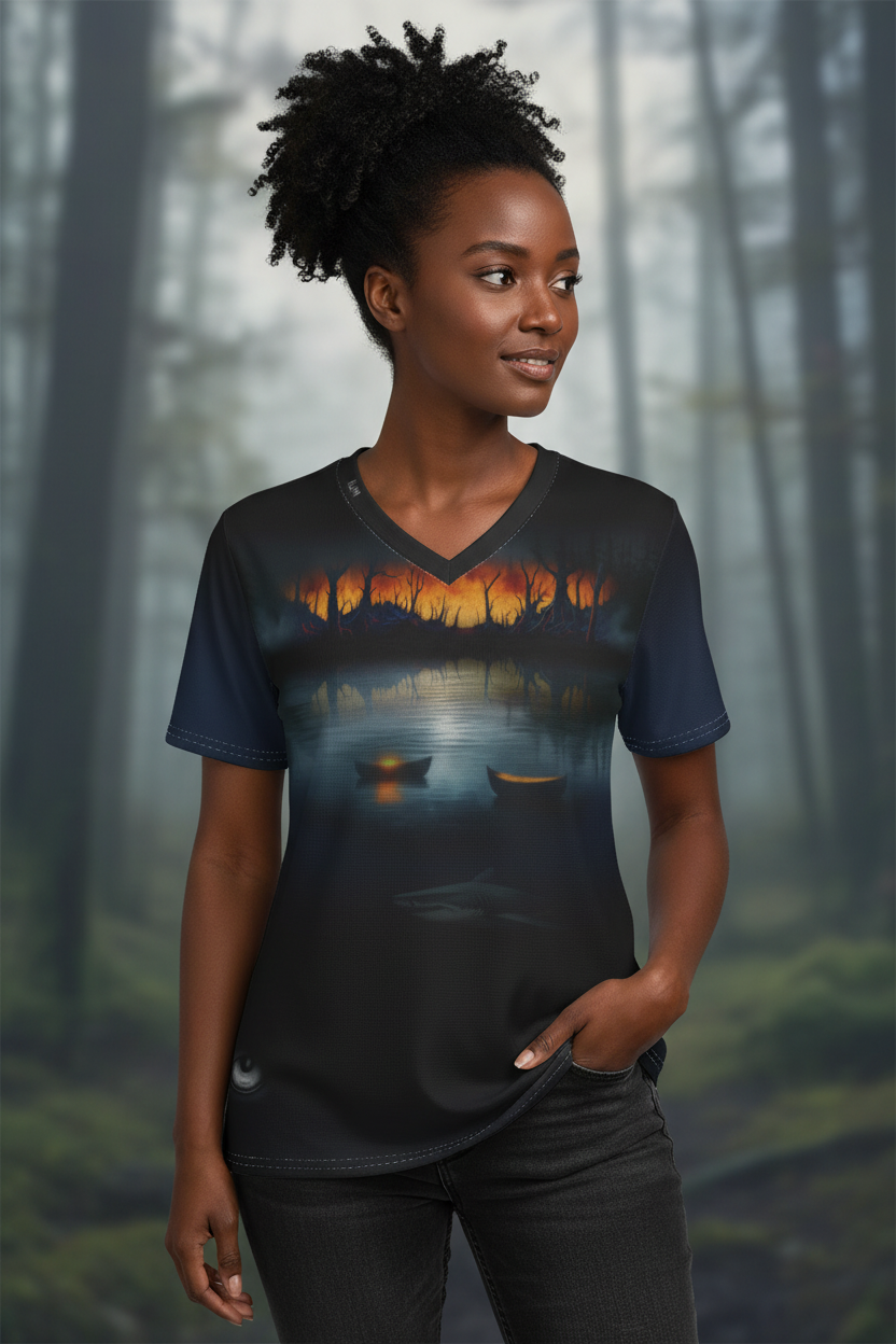 A woman wearing a dark V-neck t-shirt with a scenic forest lake print, set against a blurred misty forest background.