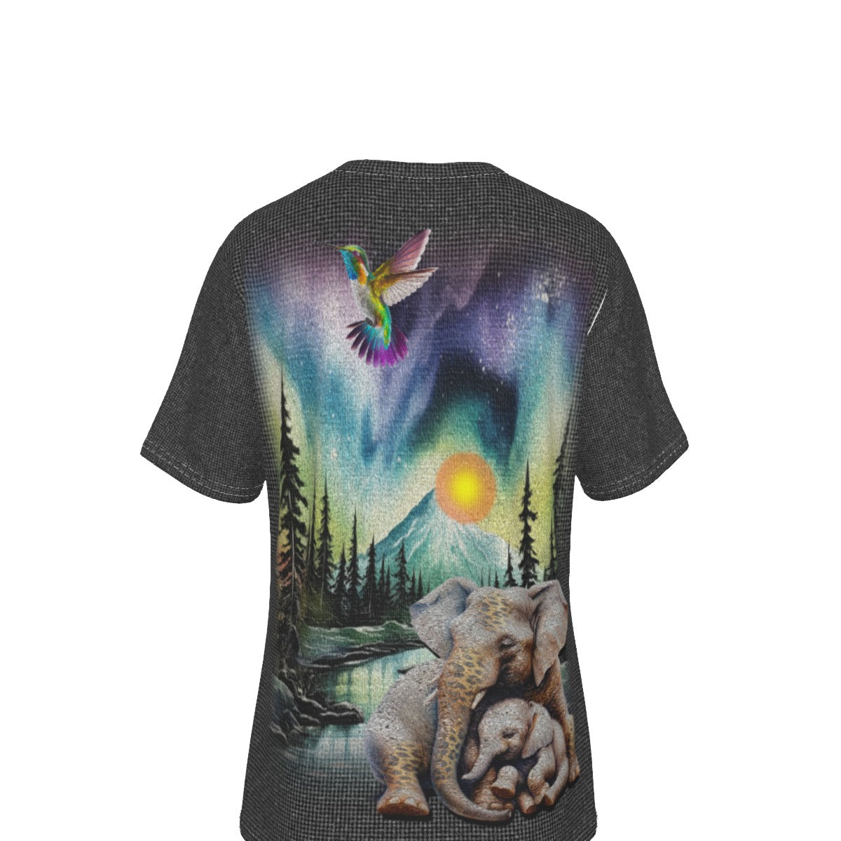 A dark gray short-sleeve t-shirt with a large, colorful back graphic print. The design features a hummingbird, a mountain under a starry sky with a glowing sun, pine trees, a river, and a mother elephant carrying a baby.