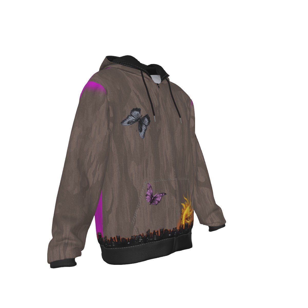 A brown hooded sweatshirt with a dark wood grain texture, featuring a black hood lining, black drawstrings, a black ribbed hem and cuffs, and graphic prints of butterflies and a city skyline with flames near the bottom. The sleeves have bright purple color-blocked accents.