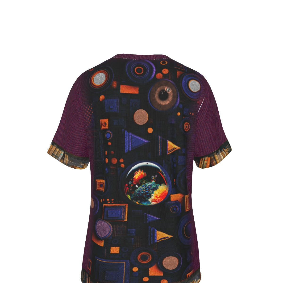A short-sleeve t-shirt shown from the back, featuring a dark purple base with a complex graphic print of geometric shapes, circles, and a central astronaut helmet illustration in orange, blue, and yellow.