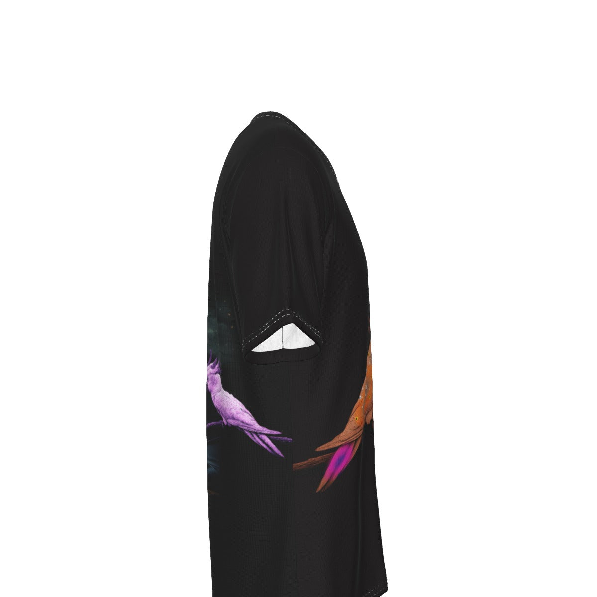 A black long-sleeve tunic top shown from the side, featuring a keyhole cutout with a white bow and a colorful bird graphic in purple and orange.