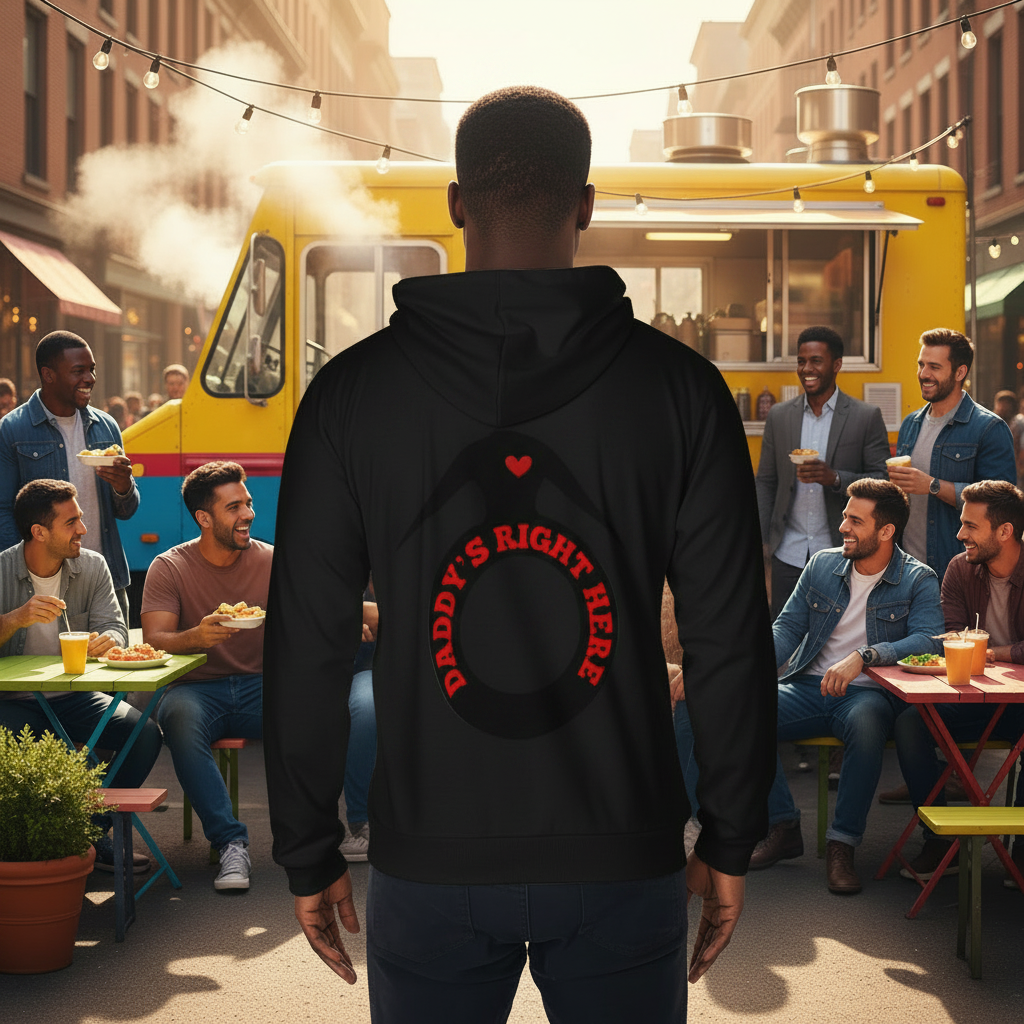 A man stands with his back to the camera wearing a black hoodie with a red graphic on the back that reads 'DADDY'S RIGHT HERE' inside a heart shape. The scene is set in an outdoor street food market with a yellow food truck and several people sitting and eating at tables in the background.