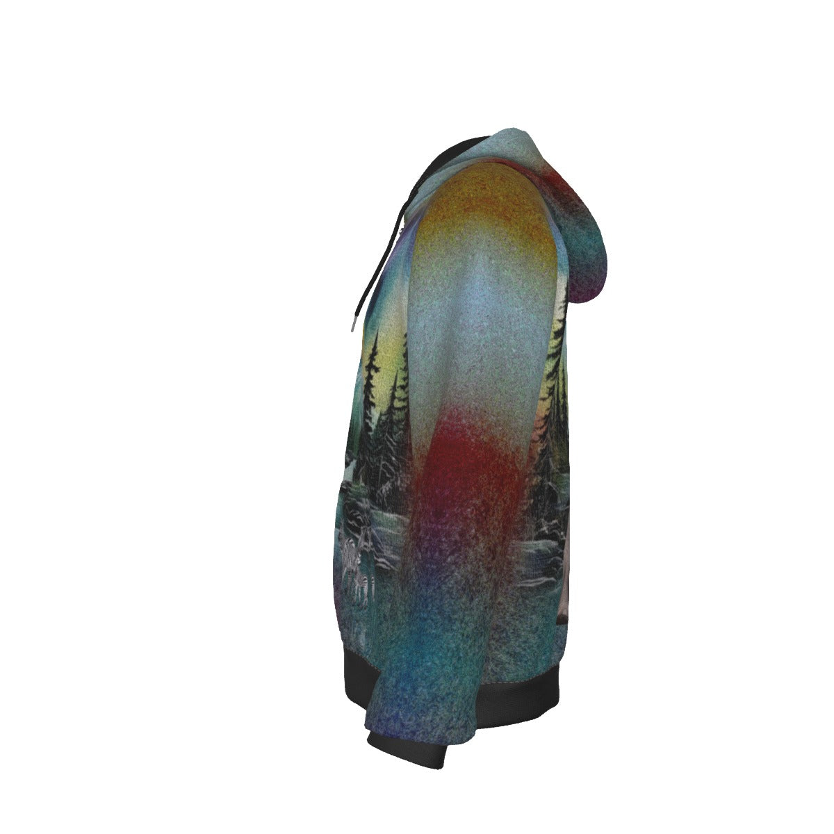 A hooded sweatshirt shown from the side on a white background, featuring a vibrant, multicolored landscape print with red, yellow, blue, and green tones.