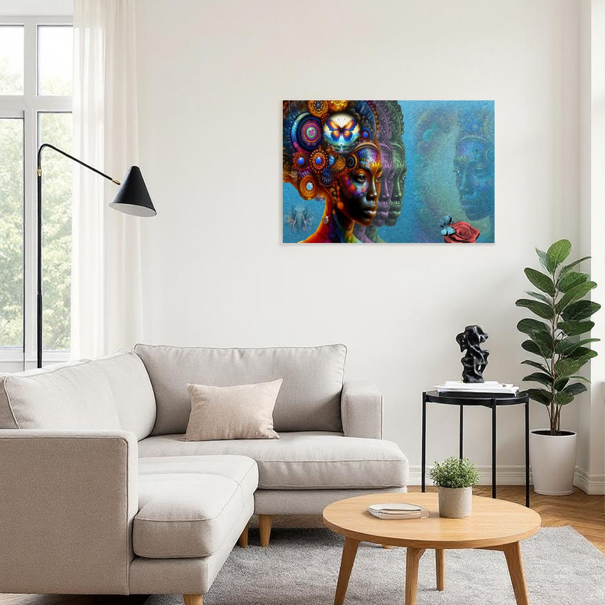 Modern living room with a colorful abstract painting on the wall, a gray sofa, and a wooden coffee table.