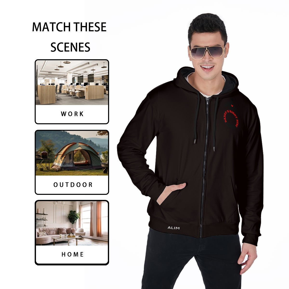 Daddy's Right Here Logo Black Shadow Zip Up Hoodie With Pocket