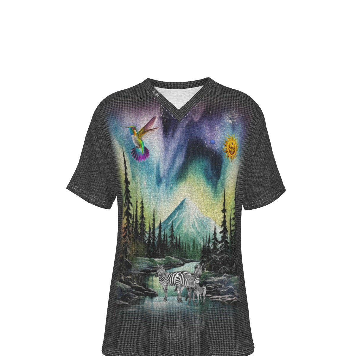 A dark gray V-neck t-shirt featuring a detailed, colorful graphic print of a mountain landscape with zebras, pine trees, a hummingbird, and a glowing sun under a starry sky.