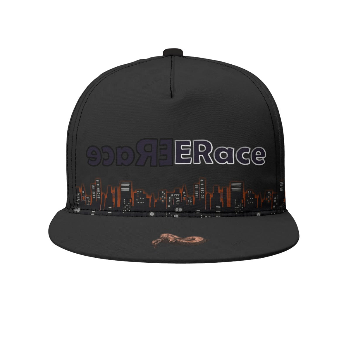 Black cap with 'Race' text and cityscape design on a white background