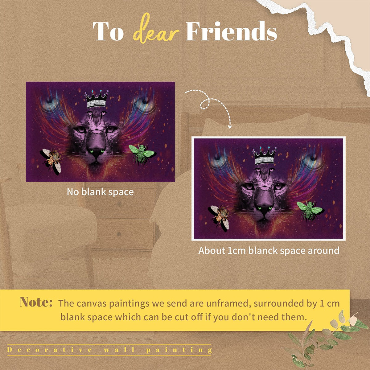 Canvas painting with decorative elements on a brown background