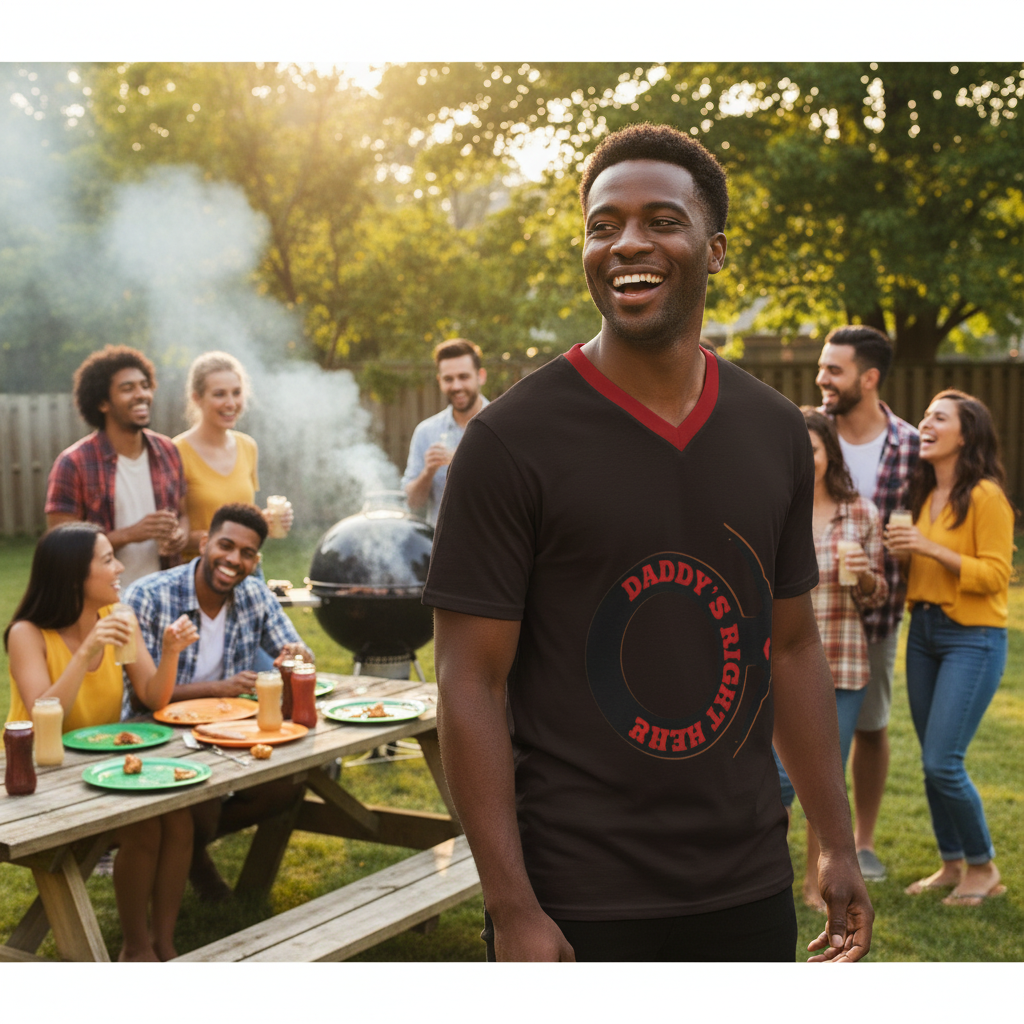 A man wearing a black v-neck t-shirt with a red collar and a circular red graphic that reads 'DADDY'S RIGHT HERE' stands in a backyard during a sunny summer evening, surrounded by friends and family gathered around a grill and picnic table.