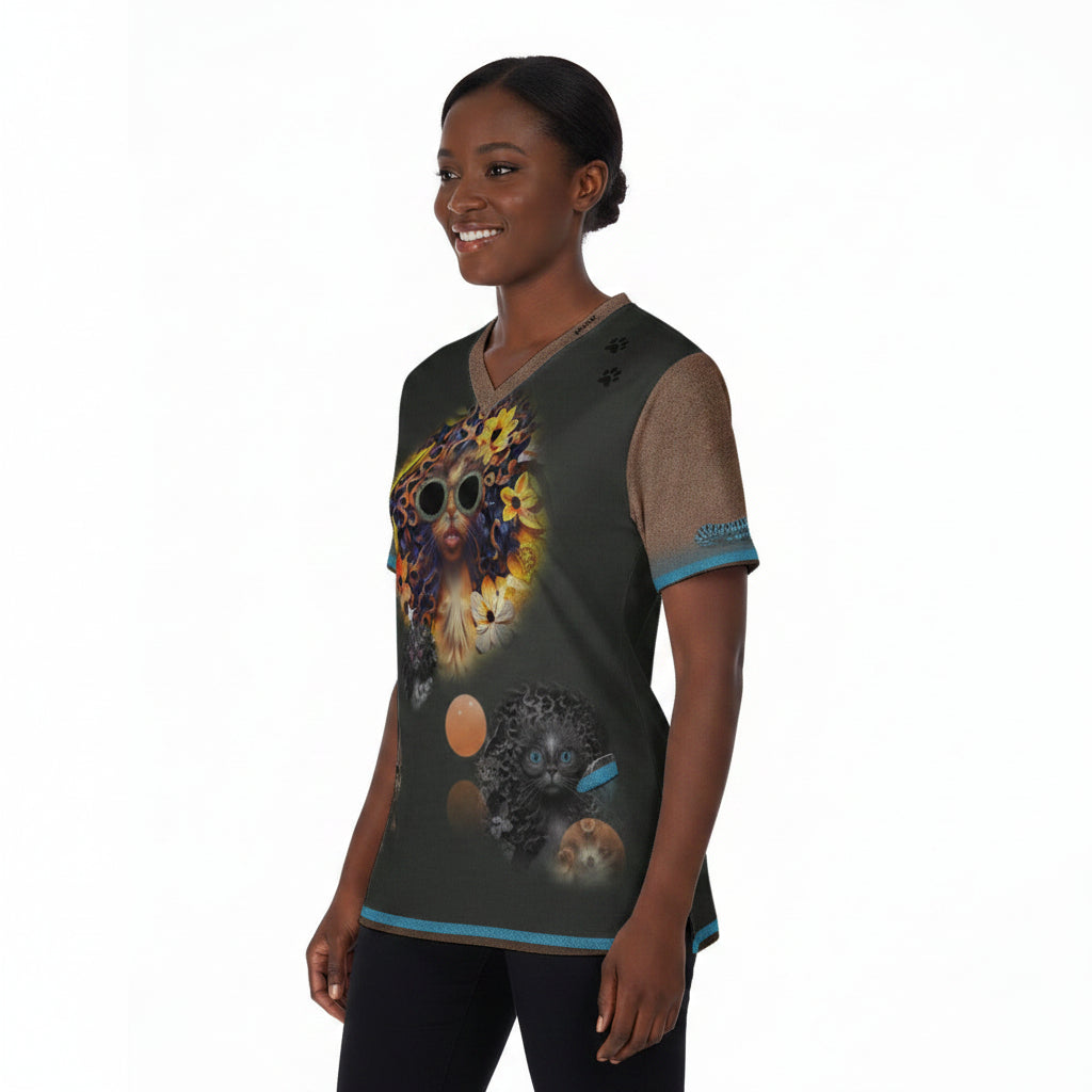 A man wearing a dark gray v-neck t-shirt with a colorful graphic print featuring a stylized face, a cat, and abstract elements, set against a plain white background.