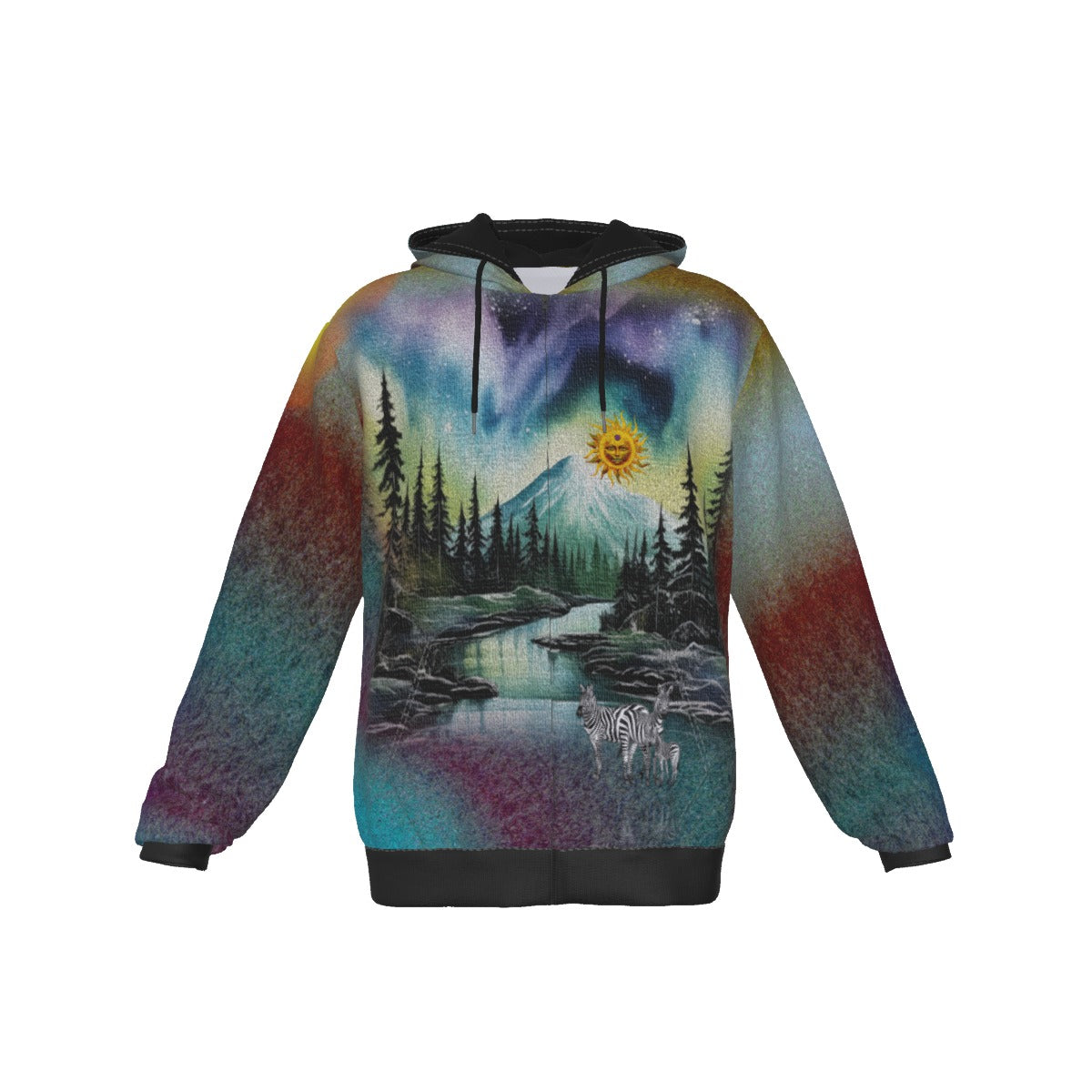 A long-sleeve pullover hoodie with a black hood and cuffs, featuring a vibrant, multicolored scenic print of a mountain, river, pine trees, and a sun on the front.