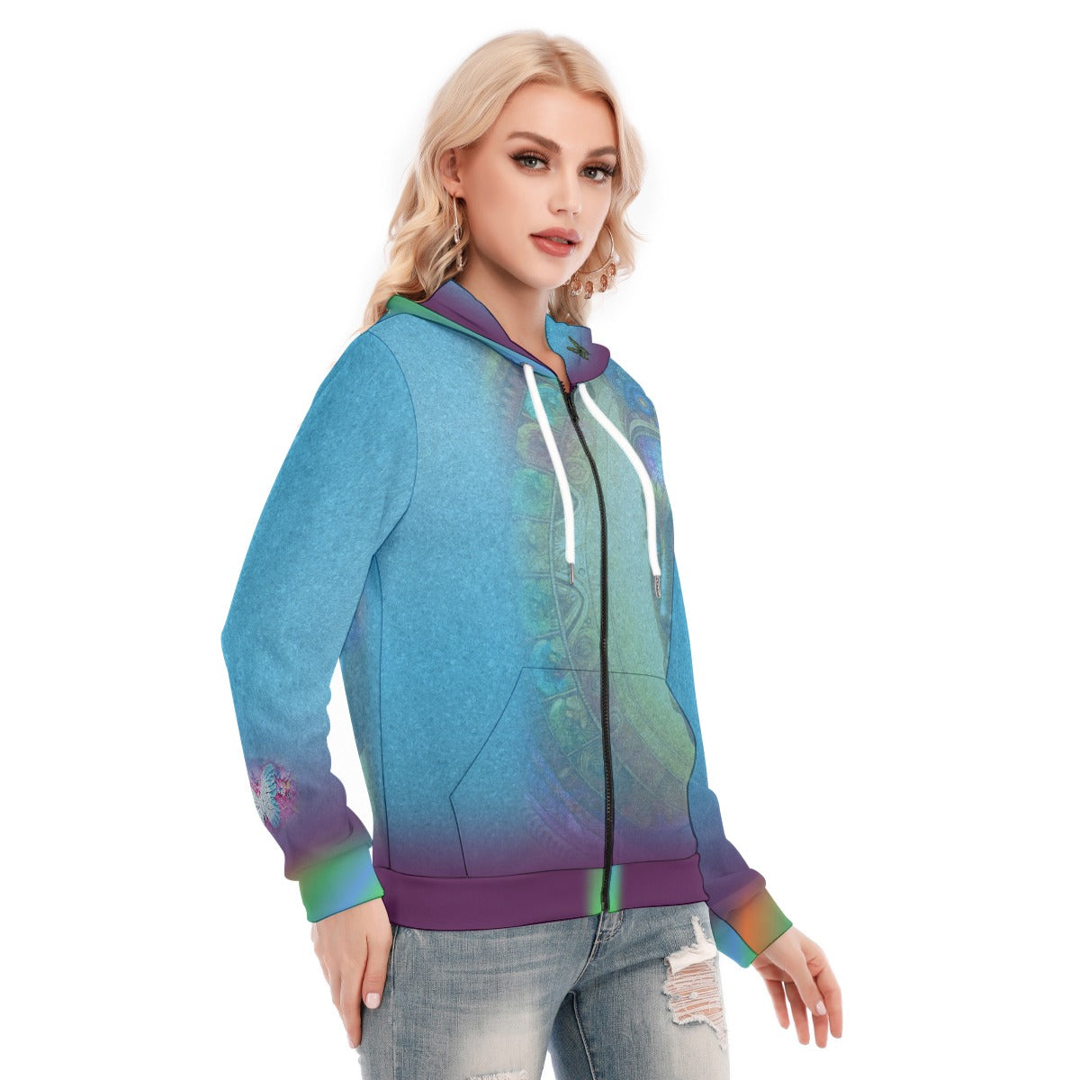 Woman wearing a colorful hoodie with a gradient design on a white background