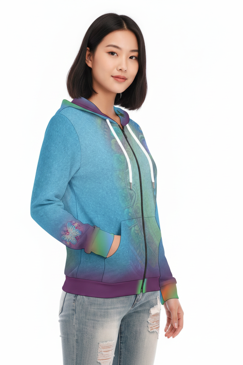A woman modeling a blue and green gradient zip-up hoodie with purple accents, paired with light-wash distressed jeans, against a plain white background.