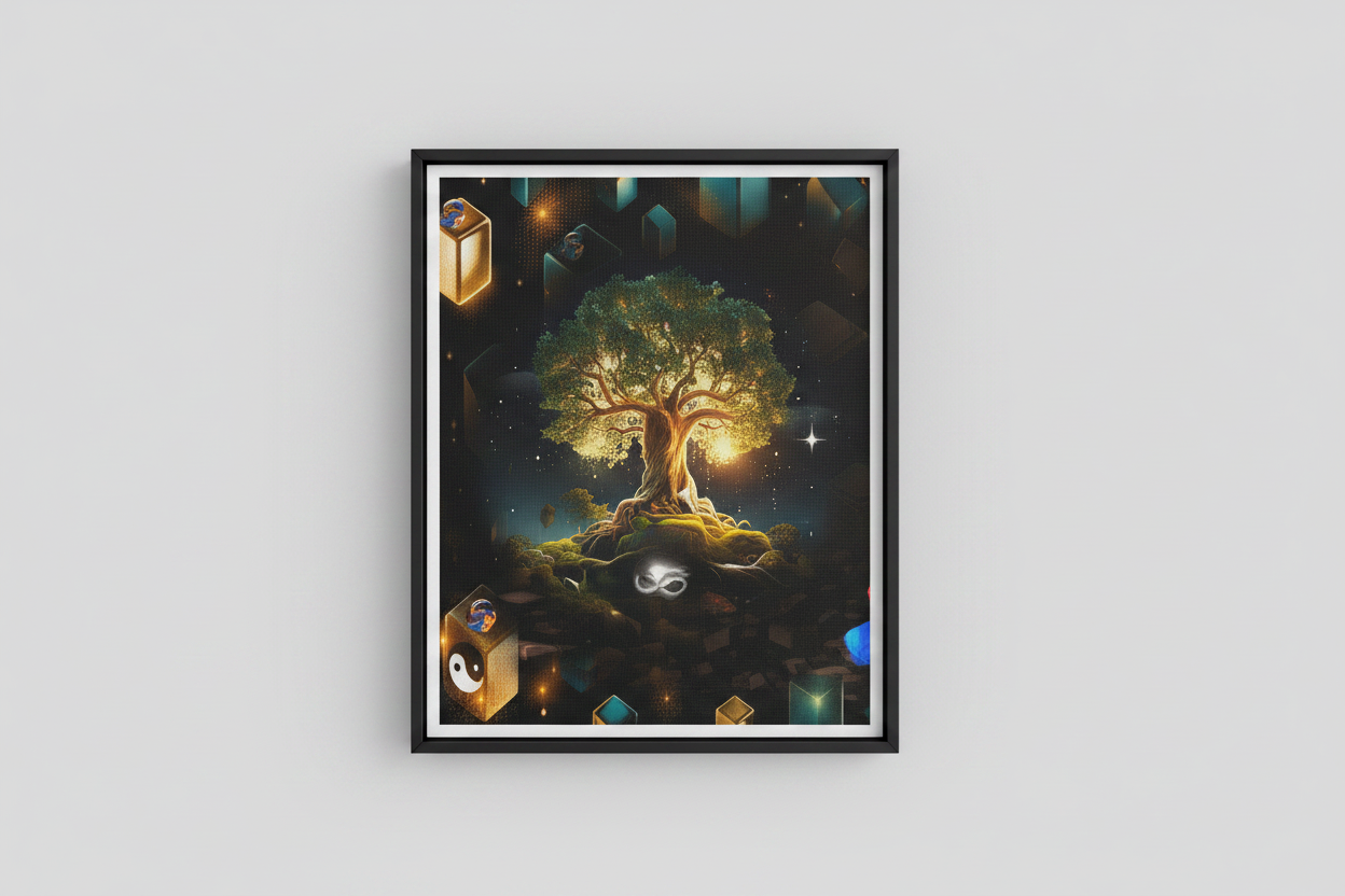 A framed fantasy art print featuring a glowing tree of life in a dark, mystical scene with geometric shapes and small illustrated characters, displayed on a light gray wall.