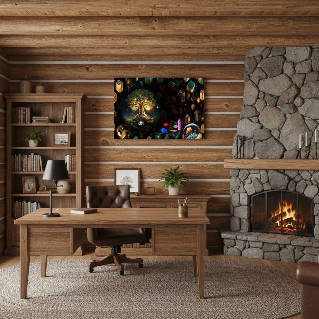 A framed fantasy art print depicting a glowing tree of life hangs on a rustic wood-paneled wall above a wooden desk in a cozy home office, next to a stone fireplace.