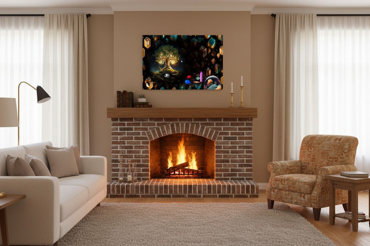 A framed fantasy art print depicting a glowing tree of life hangs on a beige wall above a brick fireplace in a styled living room with a sofa, armchair, and curtains.