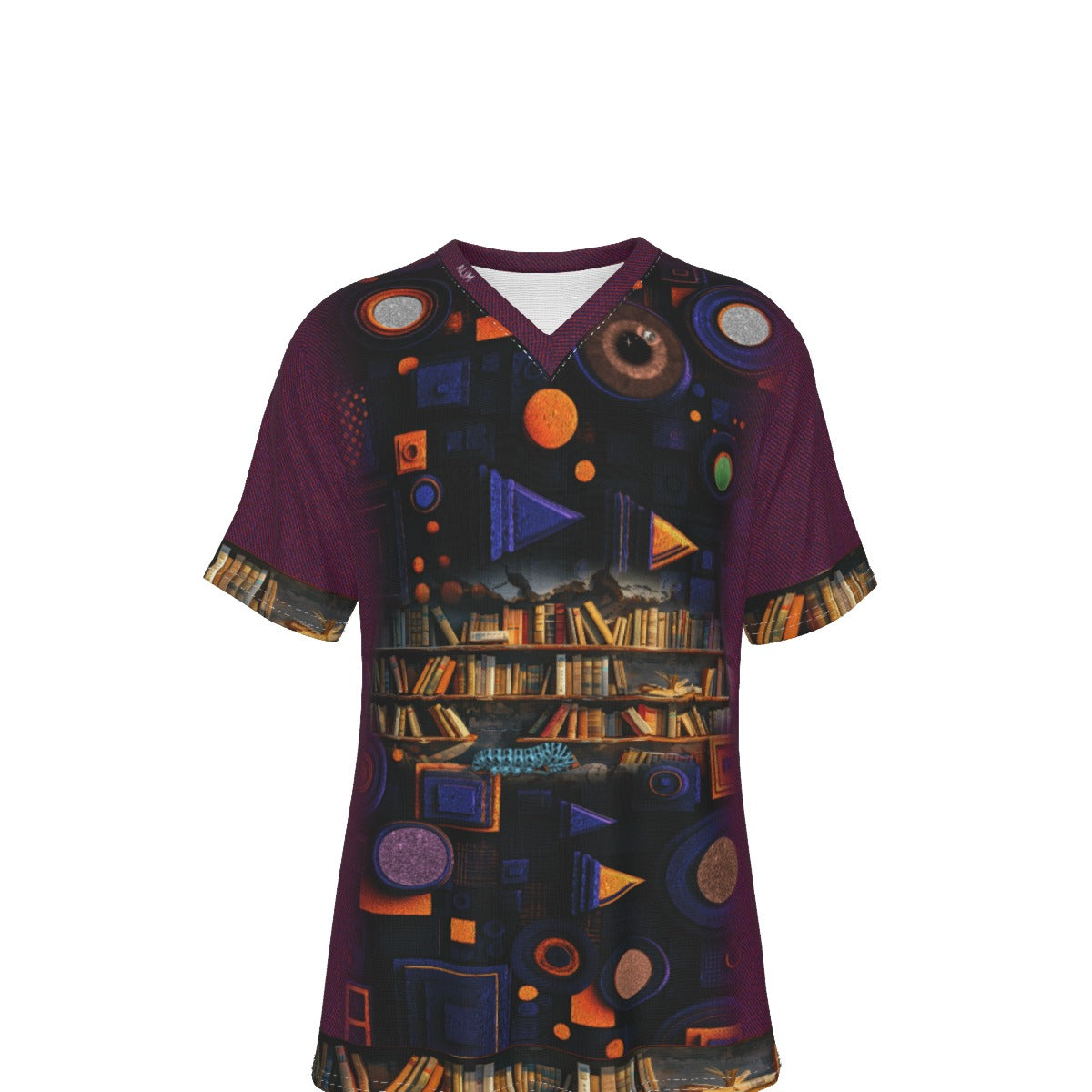 A short-sleeve V-neck scrub top featuring an all-over abstract art print with bookshelves, geometric shapes, and a dark purple background, shown on a plain white background.