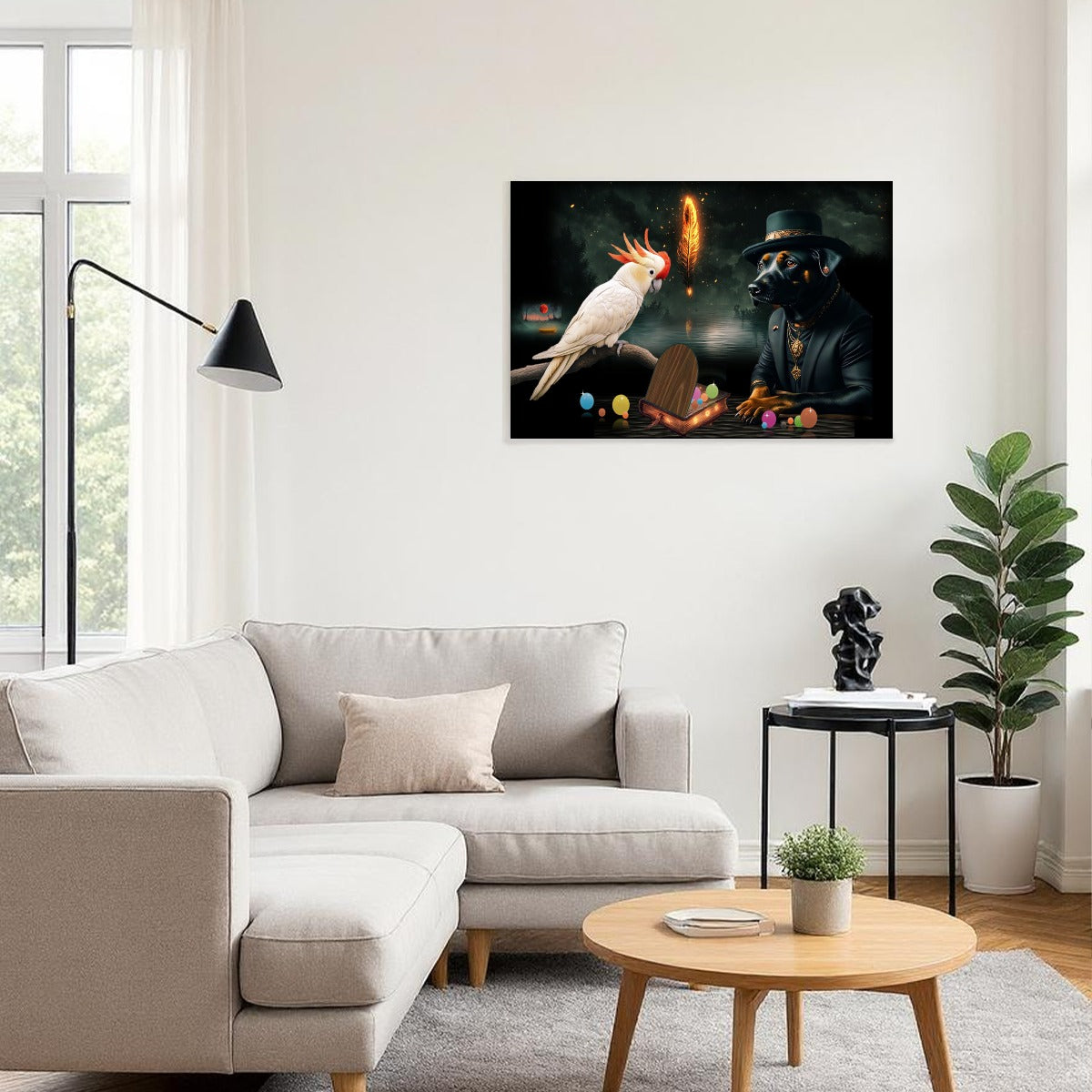 Living room with a gray sectional sofa, wooden coffee table, and decorative wall art featuring a dog and parrot.
