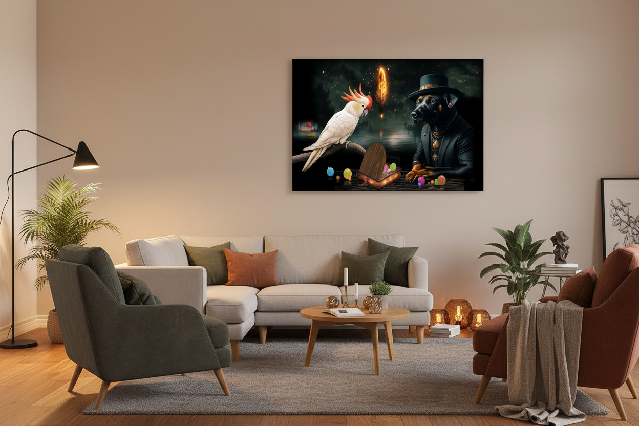 A framed wall art print hangs above a white sofa in a styled living room. The artwork depicts a white cockatoo perched on a log beside a dark, hooded figure with a glowing flame-like form.