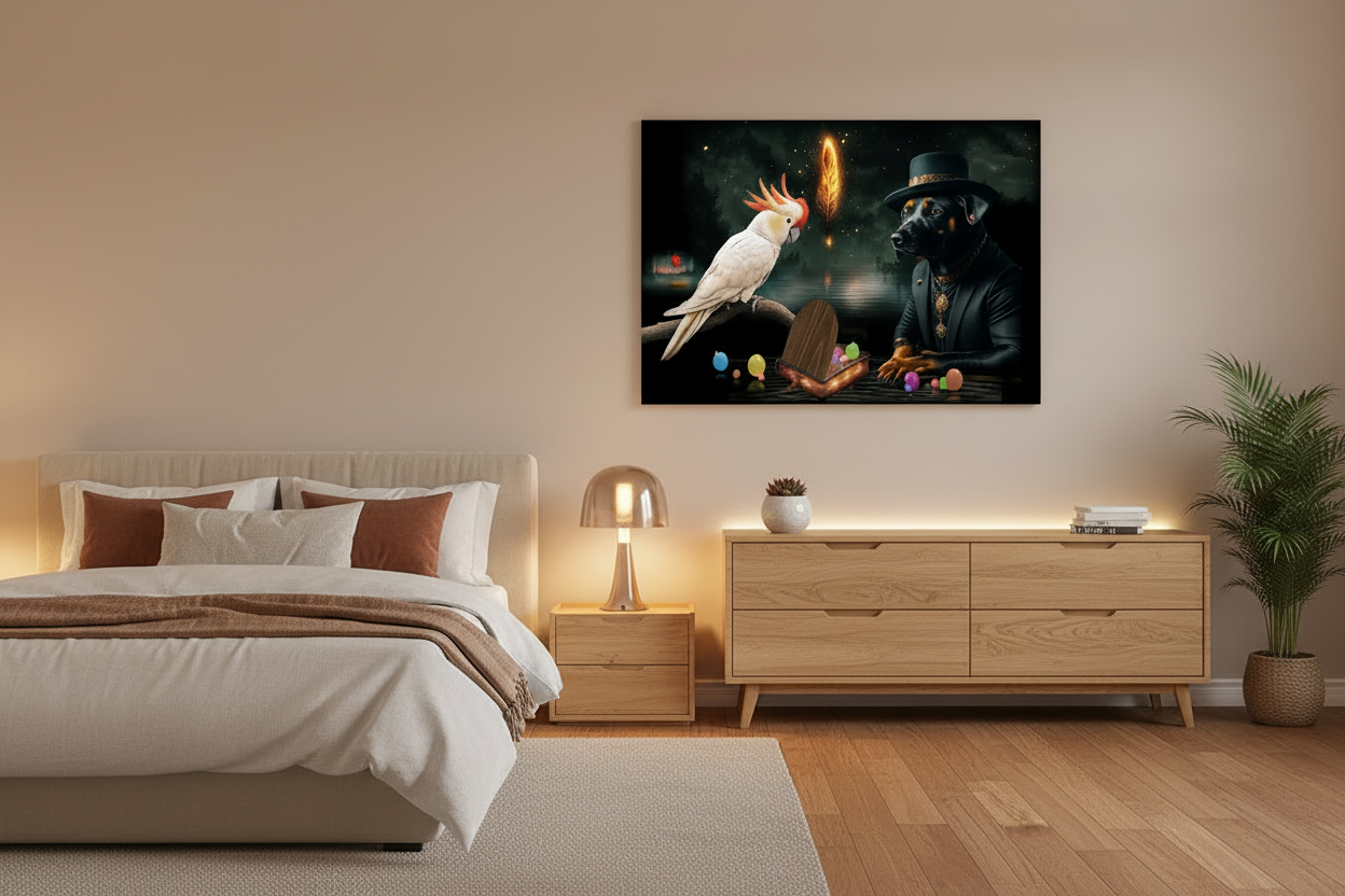 A framed wall art print hangs above a bed in a modern beige bedroom. The artwork depicts a white cockatoo perched beside a dark-suited figure with a gas mask and a glowing orange orb, with colorful eggs scattered below.